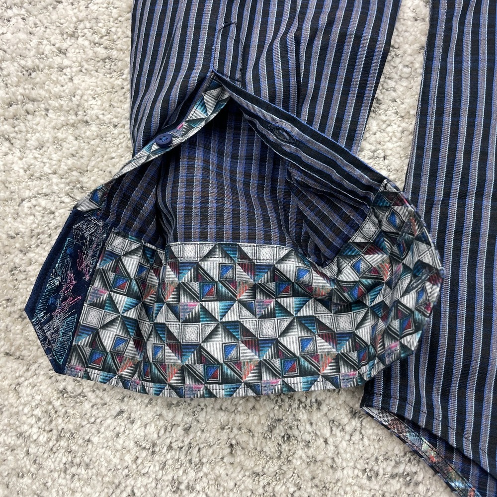 Robert Graham Shirt Men Large Flip Cuff Classic Fit Striped Geometric Black Blue - Picture 4 of 12